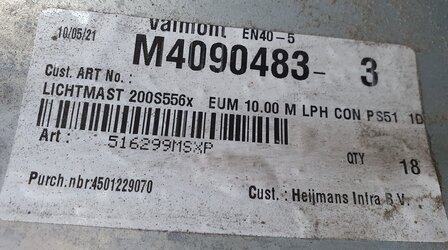 Lichtmast 10m., Conisch, gegalvaniseerd staal