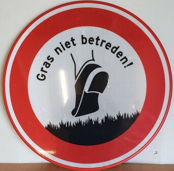 Verkeersbord, afbeelding en tekst &quot;gras niet betreden!&quot;, &oslash;60cm.