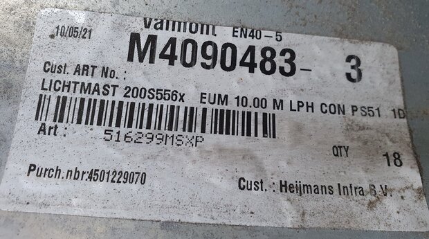 Lichtmast 10m., Conisch, gegalvaniseerd staal